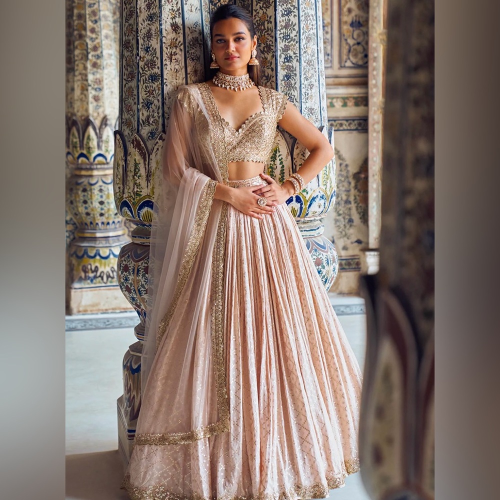 Lashkaraa Nude and Gold Embroidered Lehenga